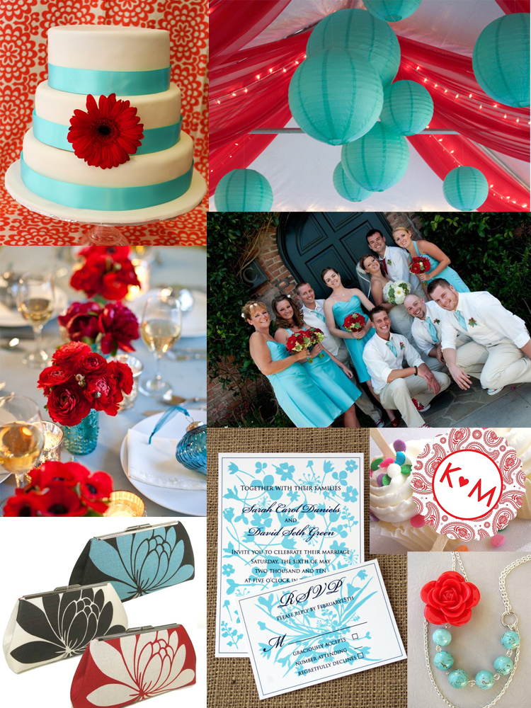 The color combination or turquoise and red for a wedding or party is modern