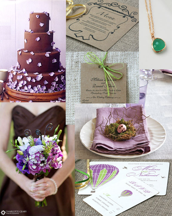 The colors brown purple and green create an elegant yet laid back 