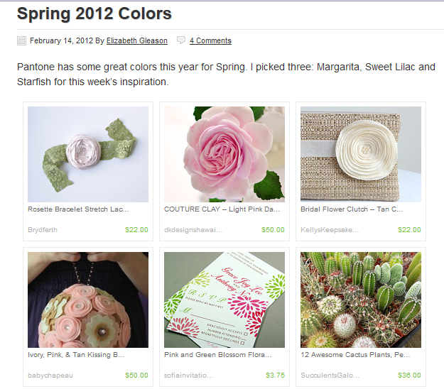 The blog post shows wedding items that use Spring 2012 colors